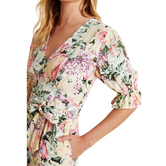 Anthropologie Faithfull Ana Floral Romper Tie Waist 3/4 Puff Sleeves Size 2 - Picture 6 of 12